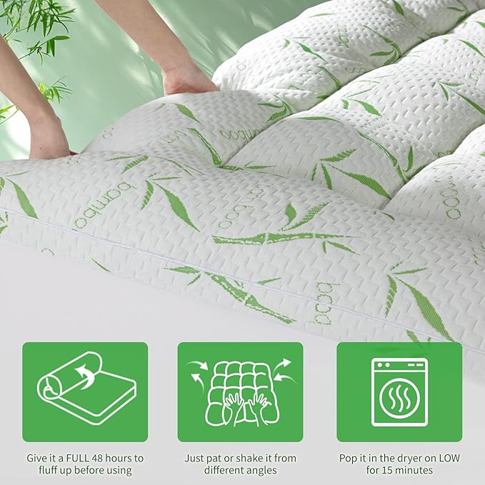 Mattress Topper Short Queen Size,Viscose Made from Bamboo Pillow Top Mattress Topper,1200 GSM Cooling Mattress Pad,2In Extra Thick Pillow Top for Back Pain with 8"-18" Deep Pocket(60"x75")