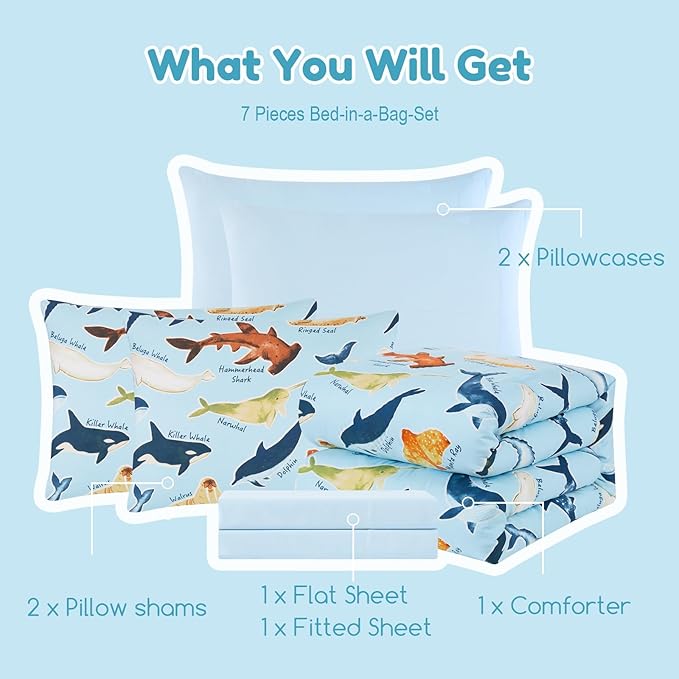 Full Size Comforter Set for Boys-7 Pieces Ocean Animals Glow in The Dark Full Bedding Sets for Kids, Ultra Soft Bed in A Bag with Sheets