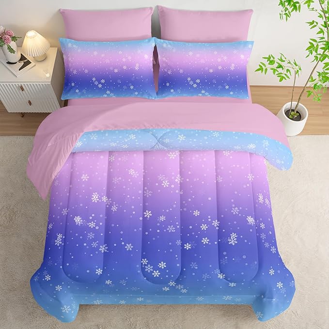 7 Piece Bed in a Bag Twin Size Comforter, Blue Purple Snowflake Quilt Set, Soft Pink Sheets, All Season Bedding Set, Microfiber