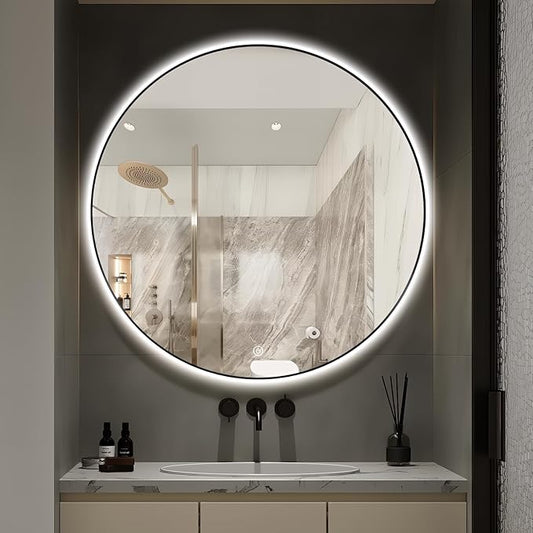 Niccy 44" LED Backlit Round Mirror for Bathroom, Black Framed Vanity Light Wall Mirror LED Smart Circle Mirrors with 3 Lighting Colors, Dimmable Lighted Mirror with Anti-Fog, IP65 Waterproof
