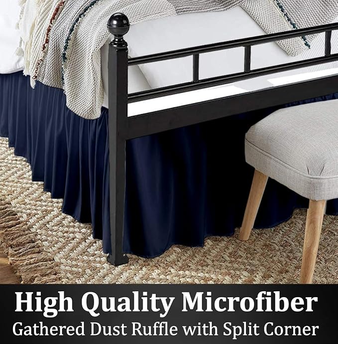 Ruffled Bed Skirt with Split Corners, Navy Blue, King 14 Inch Drop Bedskirt, Hotel Quality Brushed Microfiber Wrinkle Free Dust Ruffle Bed Skirt King Size