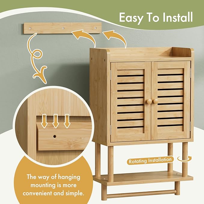 AmazerBath Bathroom Wall Cabinets, Bamboo Medicine Cabinets with Towel Bar, Wall Mounted Storage Cabinet with Adjustable Shelves, 2 Doors Over The Toilet Storage for Small Spaces,8.3x16.5x26.6 Inches