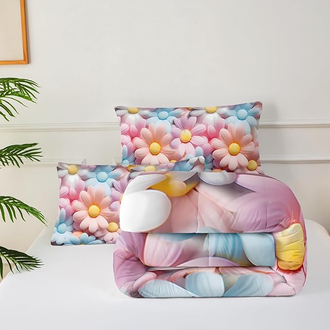 Pink Floral Queen Comforter Set Kids，Pink Floral Bedding Set Kids Queen，Girls Floral Quilt Bedding Queen，Flower Bedroom Decor for Girls with 1 Comforter with 2 Pillow Case