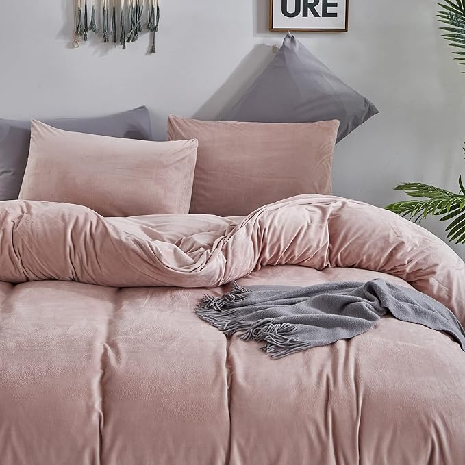 Cottonight Pink Velvet Comforter Set Full - Blush Flannel Bedding, Plain Dusty Winter Blanket Quilt, Modern Heavyweight Warm 3 Piece for Full Bed
