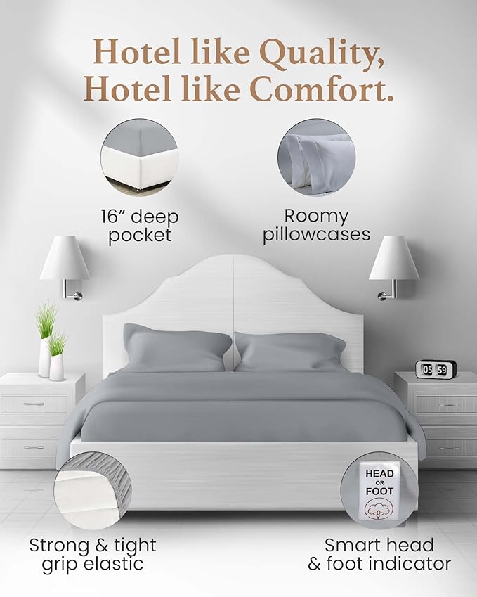 Good Sleep Bedding Twin XL Sheet Set - 100% Egyptian Cotton XL Twin Sheet Set, 4 Pc, Extra Long Twin Sheets for Dorm, Hotel Sheets, 16" Deep Pocket Extra Long - Light Grey Sheets