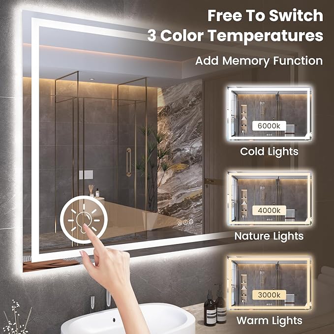 60"X40" LED Bathroom Mirror with Front Lights and Backlit, Anti-Fog, Dimmable, Shatter-Proof Tempered Glass, Lighted Bathroom Vanity Mirror for Wall with 3 Colors, Memory Function