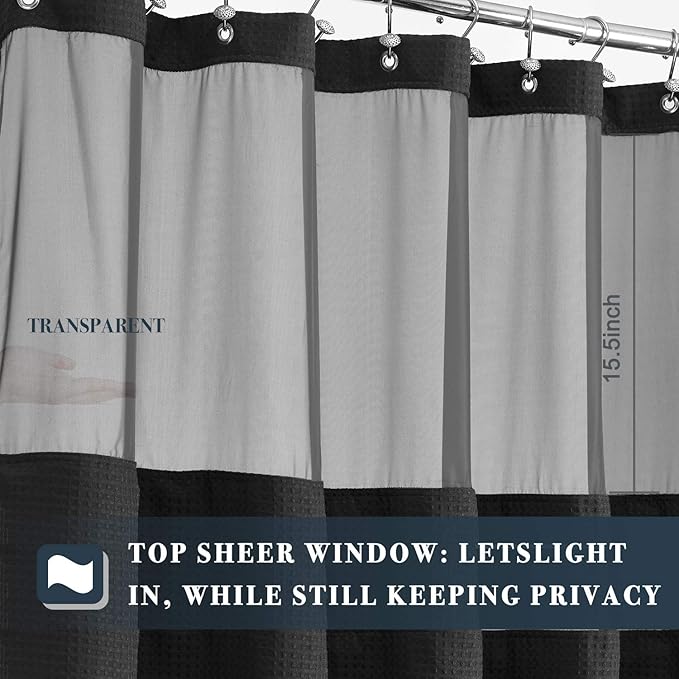 N&Y HOME Extra Long Waffle Weave Shower Curtain with Snap-in Fabric Liner Set, 12 Black Hooks Included - 71" x 84", Hotel Style, Mesh Top Window, Machine Washable & Water-Repellent - 71x84, Black