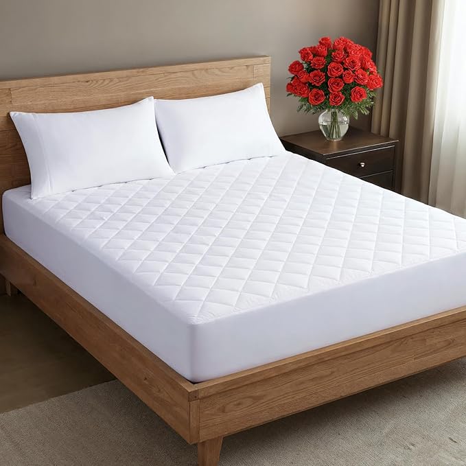 Quilted Fitted Mattress Pad Full Size - Elastic Fitted Mattress Topper Protector & Cover - Breathable, Soft, Low Profile Top Cover with 8-16 Inch Deep Pockets - Easy-Fit and Machine Washable - White