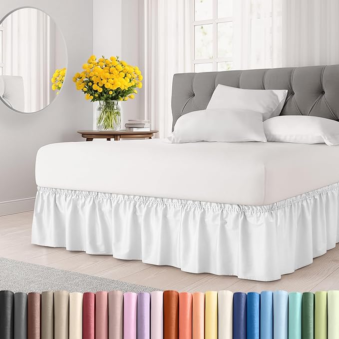 Wrap Around Dust Ruffle Bed Skirt - White - for Queen Size Beds w/ 16 Inch Drop - Easy Fit Elastic Strap - Adjustable Pleated Bedskirt w/Brushed Fabric, Wrinkle & Fade Free Women, Men, Kids & Teens