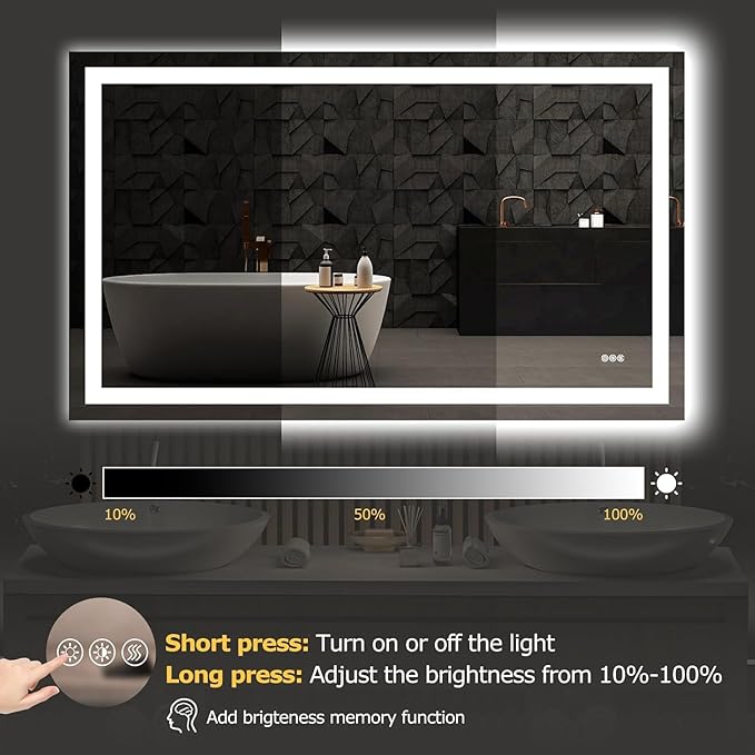 55X30 LED Bathroom Mirror with Lights, Anti-Fog, Dimmable, Backlit + Front Lit, Smart Bathroom Vanity Mirror, Memory Function, Shatterproof, Tempered Glass (Horizontal/Vertical)