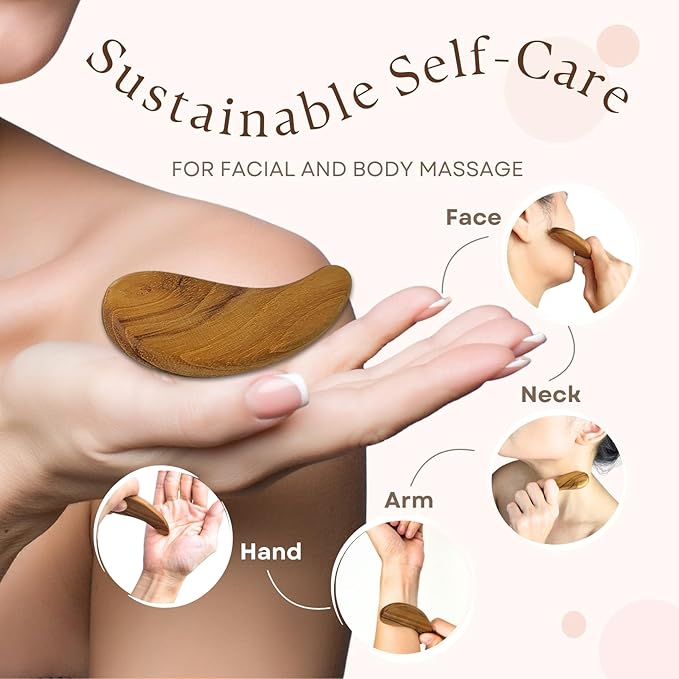 Teak Wood Gua Sha Facial Tool for Face, Arm and Body Massage, Anti-Aging Reduce Puffiness Wrinkles Shape Jawline Skincare Routine Treatment, Wooden Gua Sha Massager with Travel Pouch