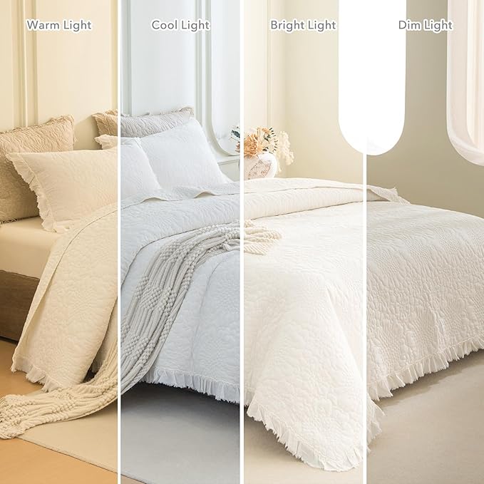 QSH 3PCs Milk White Oversized King Quilt Bedspread Set(120"x120"),Stonewashed Cotton Ruffled Quilt California King,Ultra Soft Lightweight Crinkled Shabby Bedspread Coverlet Bedding Set for All Seasons