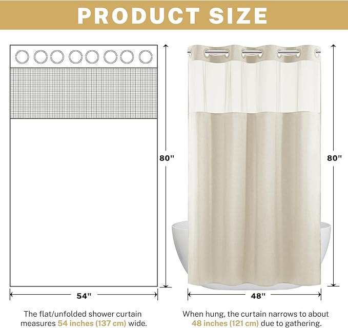 Small No Hooks Luxury Shower Curtain Set with Snap-in Liner, Polyester Textured with See-Through Top Window, Waterproof & Washable Hotel Style for Bathroom, 54W x 80H, Cream