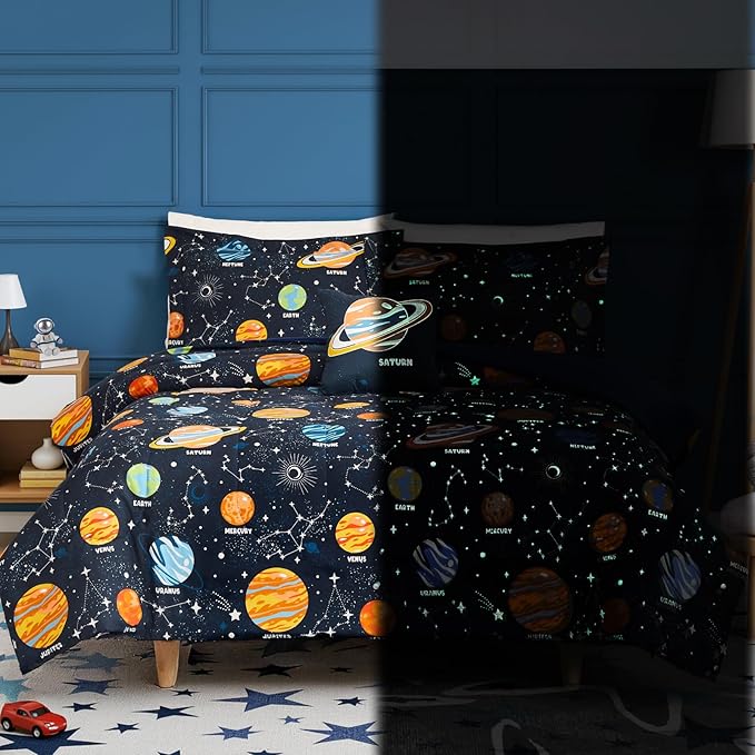 Glow in The Dark Kids Comforter Set Full Size for Boys Teen, Space Bedding Set 1 Comforter, 1 Decor Pillow, 2 Pillow Shams
