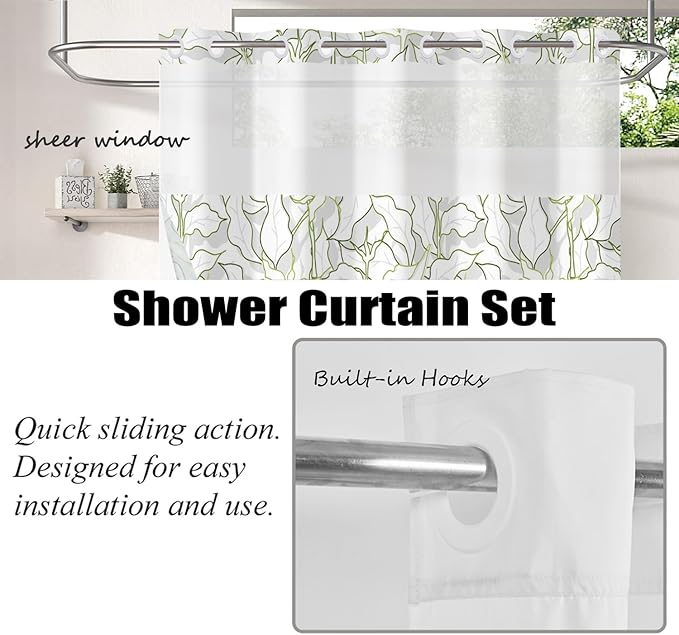 Leaves Shower Curtain No Hooks with Liner for Bathroom Decor,Green Leaves Line Shower Curtain with See Through Top Window,Modern Simple Art Hotel Style,Waterproof Washable,Easy to Install,71x74 Inch