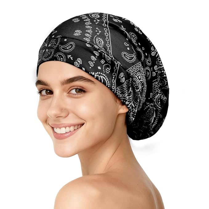YFONG Print Pure Silk Lined Beanies for Women & Men, 22 MM Mulberry Silk Bonnet for Sleeping, Chemo Headwear, Adjustable Stay on Slouchy Hat Cap for Curly Long Hair & Braids, Black