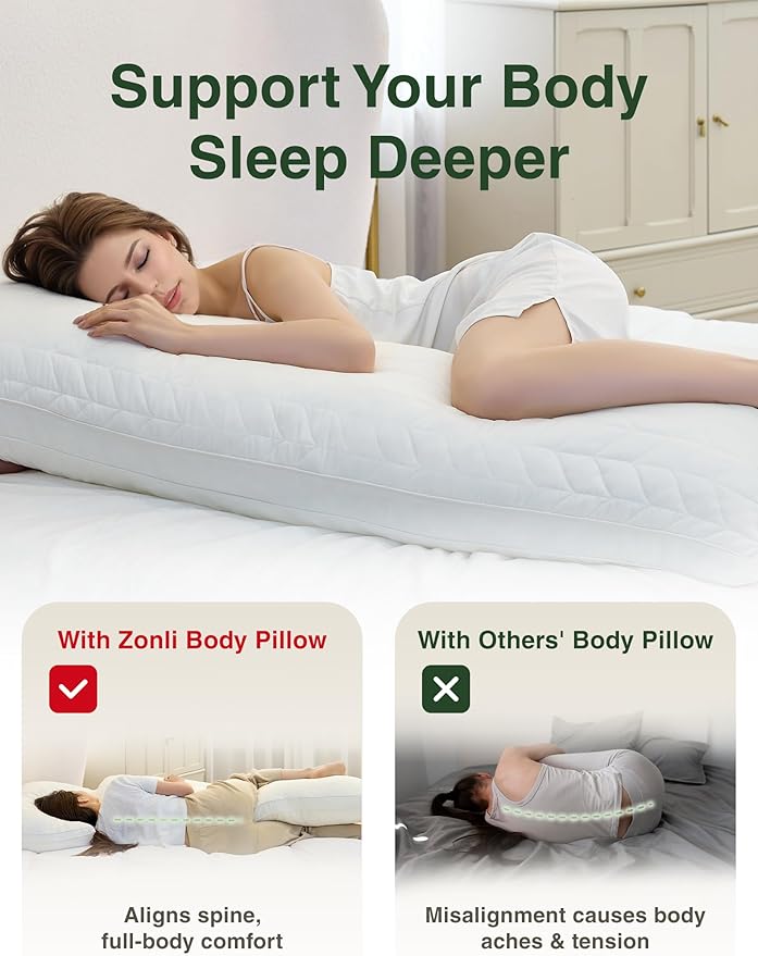 ZonLi Memory Foam Body Pillow for Adults, 20x54 Long Body Pillow with Sage Green Bamboo Pillowcase, Adjustable Firm Full Pillow for Side Sleepers & Pregnancy