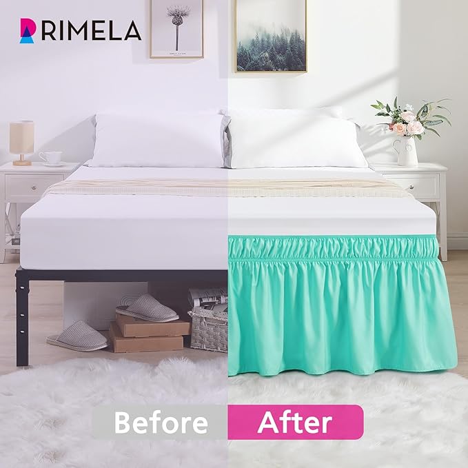 RIMELA Spa Blue Bed Skirt Queen Size 15 Inch Drop, Elastic Bed Skirting for Bed Base and Frame, Bedding Dust Ruffle Easy to Install, Lightweight Wrap Around Adjustable Bedskirt