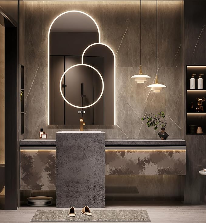 Single Sink Freestanding Bath Vanity, Modern Bath Vanity with LED Smart Mirror, 48IN Solid Wood Floating Bathroom Sink Cabinet with Marble Slate Top and Large Storage Drawer