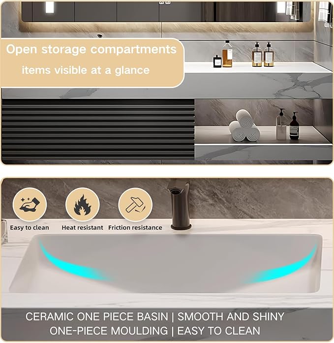 Bathroom Vanity 60 inch, Single Sink Floating Vanity Set Includes Anti-Fog LED Mirror Cabinet, Slate Countertop and Wall-Mount Sink Cabinet, Modern Bathroom Vanities(Greyish Black)