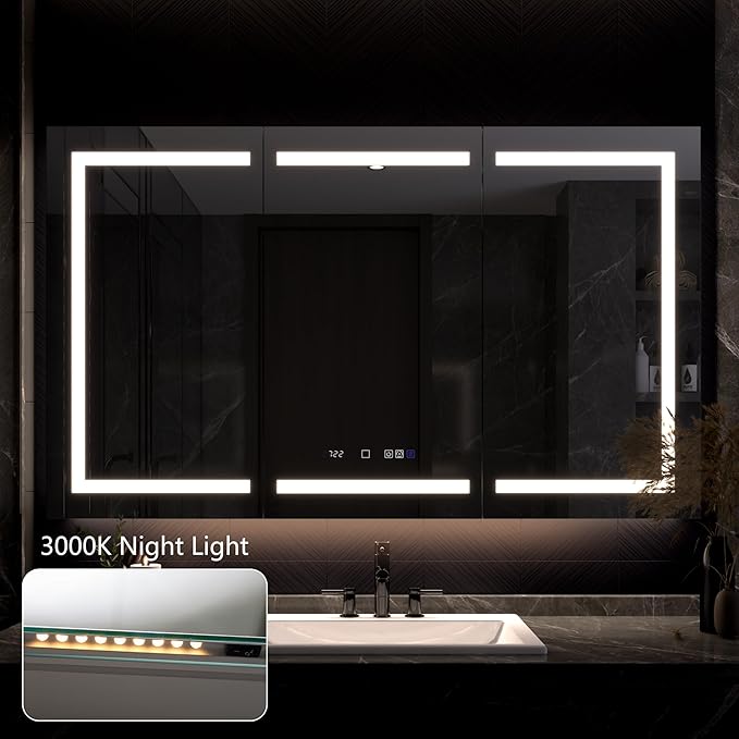 Lighted Medicine Cabinet with Mirror 60"x36" Recessed LED Medicine Cabinet Mirror, Front&Backlit, Anti-Fog, Stepless Dimming, 3-Color Temperatures, Magnifier, 2 Outlets, Storage Shelves, ETL Certified