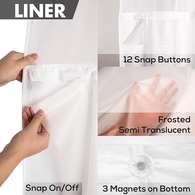 Extra Long No Hook Slub Textured Shower Curtain with Snap-in PEVA Liner Set - 71" x 86"(84"), Hotel Style with See Through Top Window, Fabric Curtain & Waterproof Liner, White, 71x86