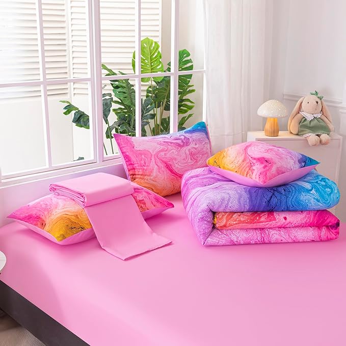 6Pcs Girls Comforter Sets Queen for Girls Kids, Tie Dye Colorful Watercolor Marble Bedding Set Queen, Soft & BreathableBed in A Bag for Gift Bedroom Decor