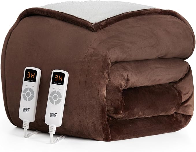 EHEYCIGA Heated Electric Blanket King Size - 9 Heating Levels, 10 Hours Auto Off, Soft Cozy Sherpa Washable Dual Control With Fast Heating, 90 x 100 Inches