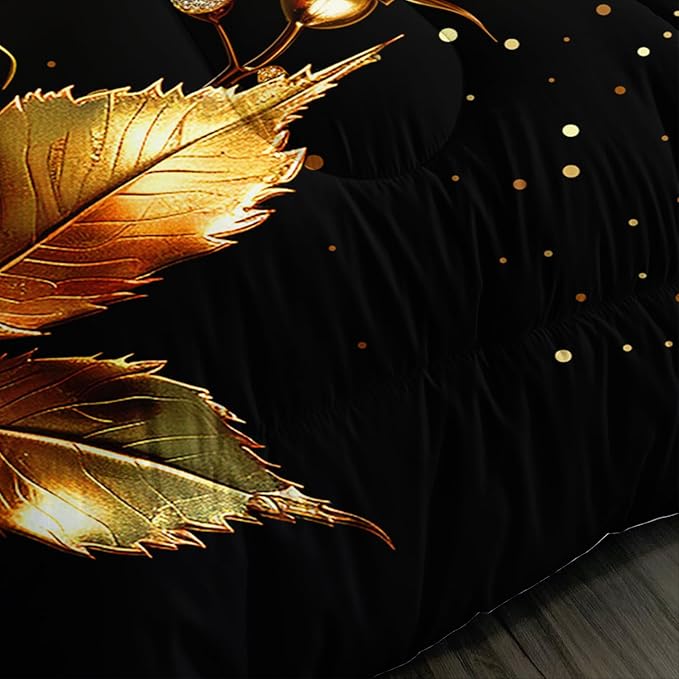 Gold Red Rose Comforter Set King Size,Golden Glitter Butterfly Pattern Bedding Set for Girls Women Couple Lover,Romantic Valentine's Day Floral Themed Bedding Set with 2 Pillowcases.