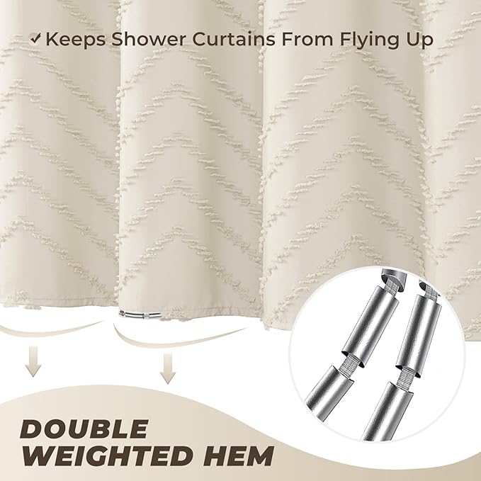 Extra Long 72 x 96 Cream Shower Curtain Boho Farmhouse Shower Curtain Tufted Chevron Textured Minimalist Shower Curtains for Bathroom