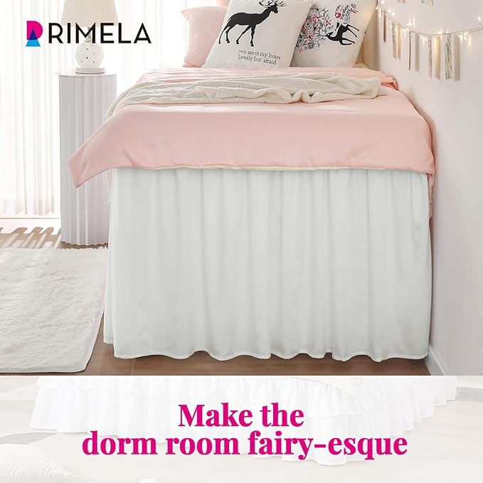 RIMELA Dorm Bed Skirt Twin XL 36 Inch Drop, Easy to Install Extra Long Wrap Around Elastic Dust Ruffle, Warm White Bedskirt Solid Silky Fabric Machine Washable (Twin XL 80“L x 39”W & Twin 75“L x 39”W)