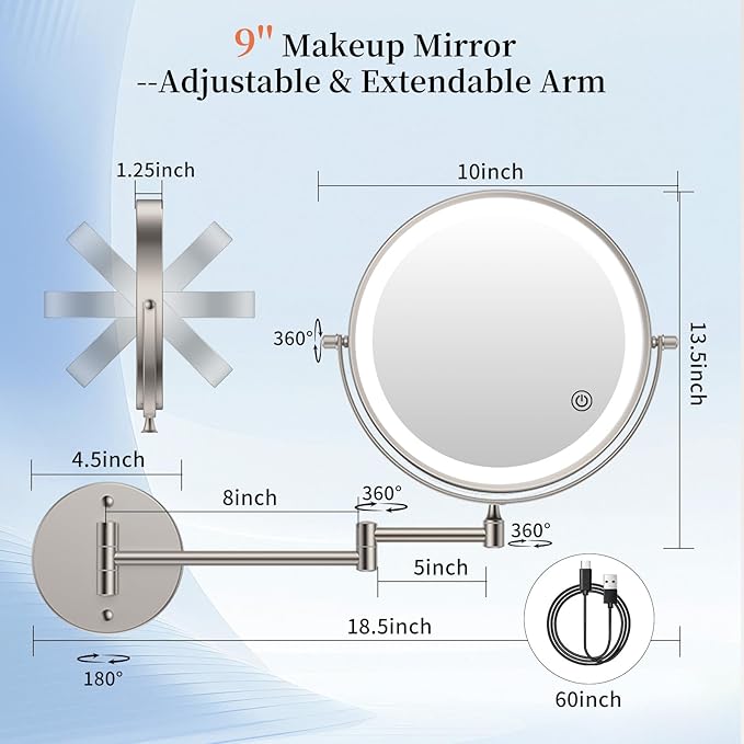 FUNTOUCH 9" 30X/1X Magnifying Wall Mounted Lighted Makeup Mirror, 4500mAh Rechargeable Double Sided Mirror with Light, 3 Color Lights,Touch Dimmable, 360 Rotation Extended Arm for Bathroom,Nickel