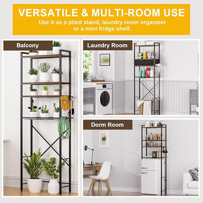 4-Tier Over Toilet Bathroom Organizer with 2 Drawers, Wooden Over Toilet Storage with Adjustable Shelf, Paper Holder, Hooks, 23.6" W Freestanding Bathroom Shelves Over Toilet Space Saver