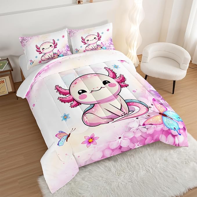 Cartoon Axolotl Comforter Kids Bedding Set,Axolotl Flower Butterfly Bedding Queen Size for Boys Girls Room Kawaii Decor,Pink Toddler Comforter Sets with 2 Pillowcases.