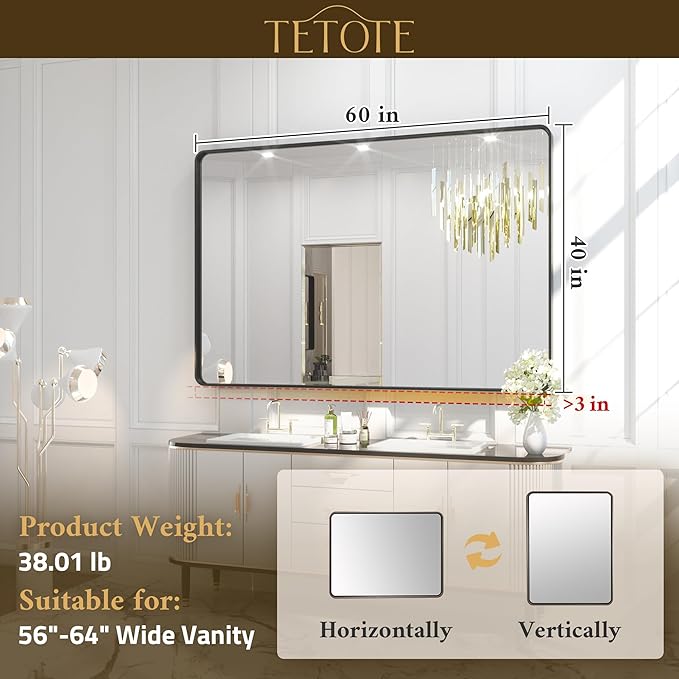 TETOTE 60 x 40 Inch Brushed Gold Frame Mirror, Brass Bathroom Vanity Mirror for Wall, Modern Rectangle Round Corner Matte Framed Mirror (Horizontal/Vertical)