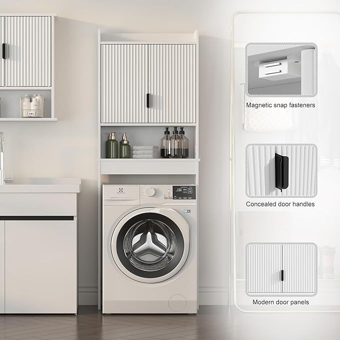 Bathroom Over The Toilet Storage Cabinet,Farmhouse Over The Toilet Storage with 2 Wave-Pattern Doors and Open Storage Shelf,Space Saver Behind Toilet Bathroom Organizer for Restroom/Laundry