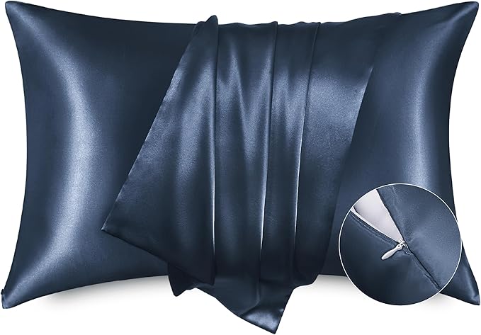 Bedsure Satin Pillowcase with Zipper, Similar to Silk Pillow Cases 2 Pack, Satin King Size Pillow Cases, Silky & Soft Pillow Covers for Hair and Skin, Gifts for Women Men, Blue, 20x36 Inches