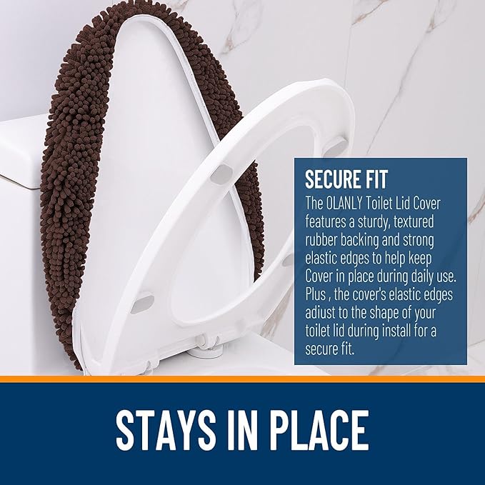 OLANLY Soft Chenille Bathroom Toilet Lid Cover, Machine Washable Seat Covers, 17.5x15, Stays in Place with Rubber Backing, Fits Most Round, Elongated and Oblong Lids, Bathroom Accessories Decor, Brown