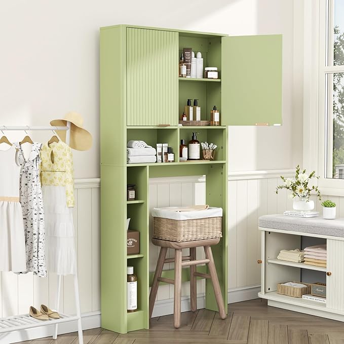 31" W Over The Toilet Storage Cabinet with Fluted Door, Green Bathroom Organizer with Adjustable Shelf, Natural Toilet Paper Holder Stand Wave Door for Restroom, Laundry Room