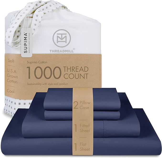 Threadmill American Supima King Size Cotton Sheets, 1000 Thread Count, 4 Piece Luxury Bed Sheets for King Mattress, 5 Star Hotel Quality Sheets with Elasticized Extra Deep Pocket, Folkstone Blue