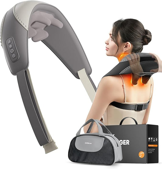 Shiatsu Neck and Shoulder Massager with Heat for Pain Relief Deep Tissue, Portable Massagers for Neck and Back, Gifts for Men and Woman (Grey with Leather Handbag)