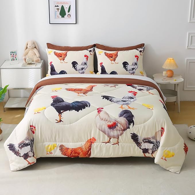 Wajade Chicken Comforter Set 7 Pcs Animal Theme Bedding Set Full Size for Kids Adults Chicken Quilt Farm Theme Printed Pattern for Thanksgiving Birthday