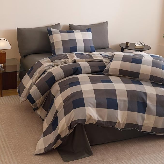 Cottonight Checkered Blue Comforter Set Full Gingham Grid Bedding Set Navy and Khaki Grid Comforter Fluffy Soft Bedding Set Kids Teens Full Comforter with 2 Pillowcases