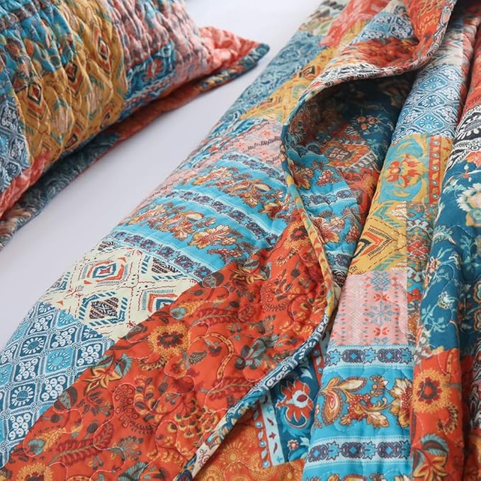 ENASAL Cotton Bedspread Quilt Bedding Sets Reversible Coverlet Comforters Vintage Bohemian Patchwork Pattern Bedspread for All Season, King Size