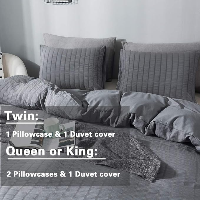 AveLom Seersucker Duvet Cover Set California King Size (104 x 98 inches), 3 Pieces (1 Duvet Cover + 2 Pillowcases), Grey Soft Washed Microfiber, Textured Duvet Cover with Zipper Closure, Corner Ties