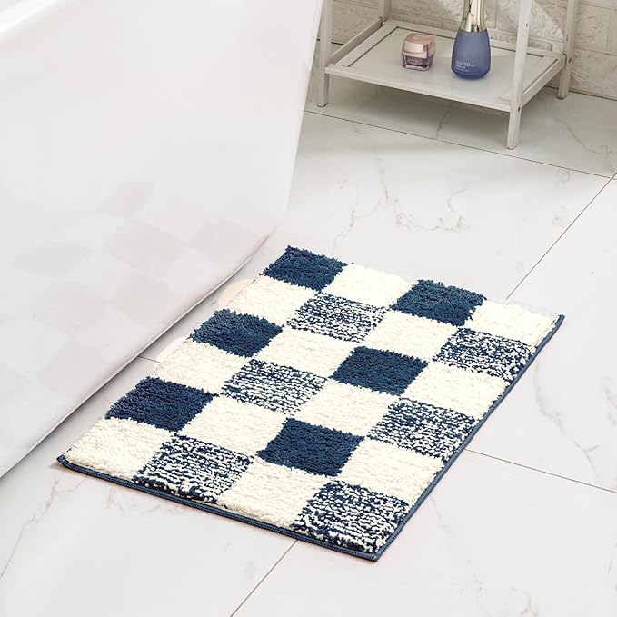 CozeCube Bath mats for Bathroom Non Slip, Fluffy Absorbent Microfiber Bath mat Washable, Aesthetic Bathroom Rugs, Long Navy Blue Checkered Bath mat, Navy Blue, 47" x 24"