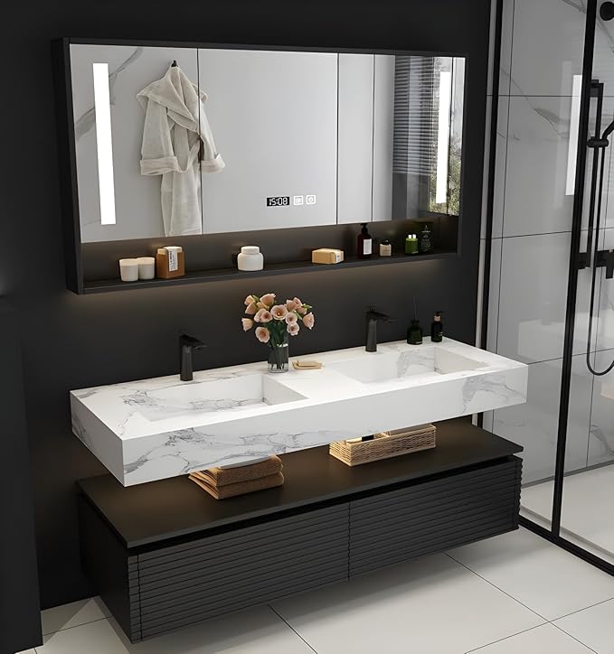 Double Sink Bathroom Vanity, Floating Bathroom Vanity with LED Smart Defogging Mirror and One-Piece Sink, Modern Bathroom Vanities with Open Floating Shelf, Rock Countertop & Faucet (Black,92")