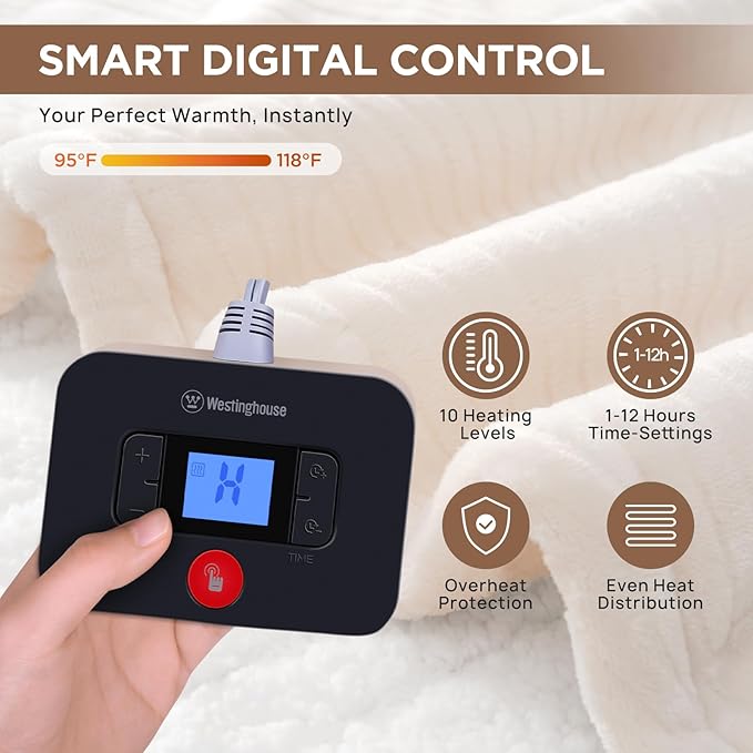 Westinghouse Electric Blanket Twin, Flower Jacquard Heated Blanket Twin Size with 10 Heating Levels and 1-12 Hours Auto-Off, Flannel to Sherpa Reversible, Machine Washable (62" x 84", Beige)