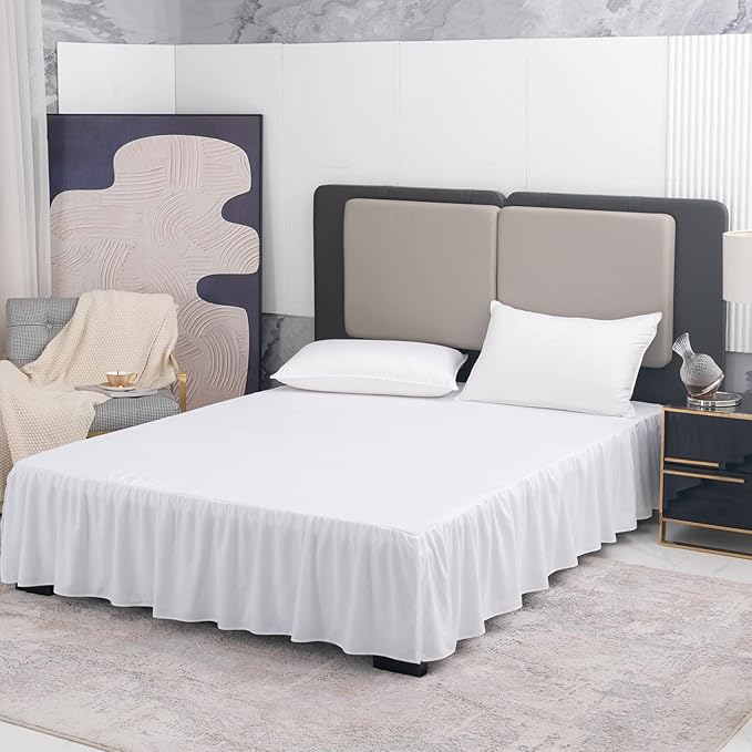 TSUTOMI Bed Skirt Full Size Ruffled Bed Skirt with Split Corners, 16 Inch Drop Dust Ruffle Bed Skirts with Platform, Gathered Style, 100% Microfiber, White