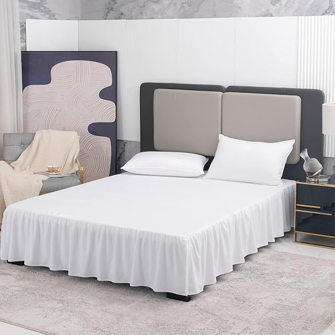 TSUTOMI Bed Skirt King Size Ruffled Bed Skirt with Split Corners, 18 Inch Drop Dust Ruffle Bed Skirts with Platform, Gathered Style, 100% Microfiber, White